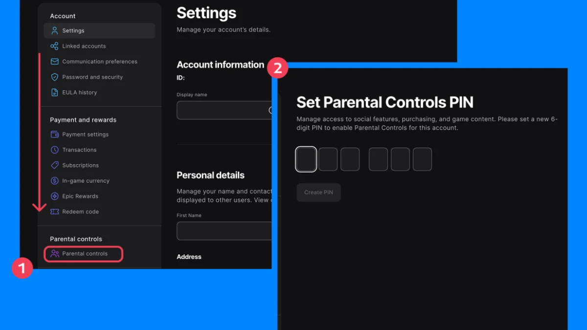 صفحه ساخت کد شش‌رقمی Parental Controls در حساب Epic Games